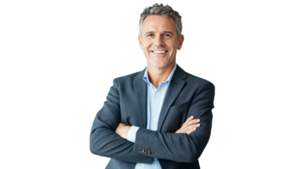 A confident middle-aged man in a business suit smiles while standing with arms crossed, showcasing a professional and approachable demeanor.