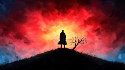 A warrior standing on a hill, gazing at the ruined battlefield, sword planted in the ground, dawn breaking, a symbol of hope and sorrow, high fantasy, painterly style