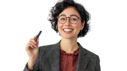 A confident professional woman smiles while holding a pen, ready to engage in work or presentation. Her attire reflects a modern business style.