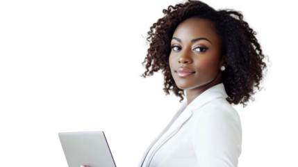 A confident professional woman stands with a tablet, showcasing a blend of elegance and modernity in a business environment.