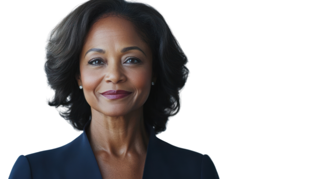 A confident professional woman smiling, dressed in a formal suit. Her posture radiates self-assurance, embodying leadership and empowerment.