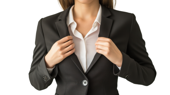 A confident woman adjusting her professional blazer, ready to make a statement in the corporate world. Emphasizing professionalism and elegance.