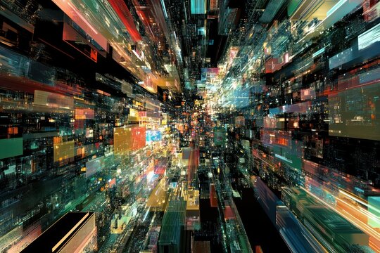 A conceptual view of big data technology, where digital systems analyze and process enormous amounts of data in real-time across the globe.