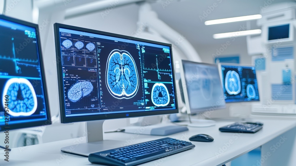 Poster the image shows multiple computer monitors displaying brain scans in a medical setting, highlighting