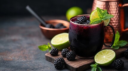Blackberry cocktail garnished with lime and mint on a rustic table.