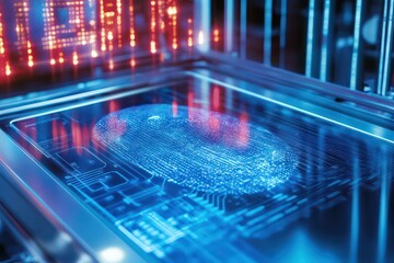 A conceptual view of Bitcoin transactions being processed through a secure blockchain network, with biometric authentication for extra security.