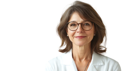 Obraz premium A confident woman wearing glasses and a lab coat smiles warmly, exuding professionalism and approachability, ideal for healthcare and personal branding.