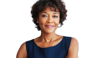 A confident woman with a warm smile, showcasing professionalism and poise. Ideal for business profiles and motivational content.