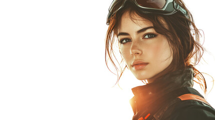 A confident woman with a modern look. She showcases a sense of adventure, embodying strength and determination, ideal for promoting empowerment and lifestyle.