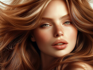 Fototapeta premium Beautiful woman with long auburn hair flowing in the wind