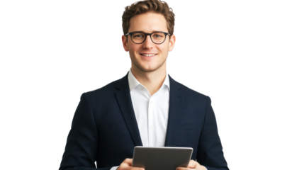 A confident young professional holding a tablet, wearing glasses and a formal suit, ready to engage and collaborate in the modern workplace.