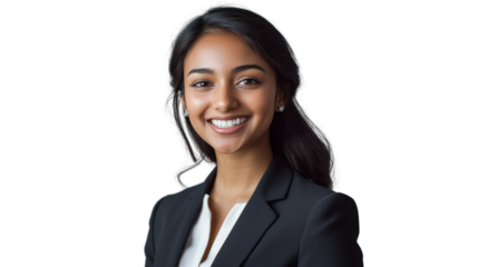 A confident young professional woman smiling in a business suit, showcasing positivity and readiness for challenges in the corporate world.