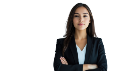 A confident young woman in a professional outfit stands with arms crossed, showcasing her determination and readiness for business challenges.