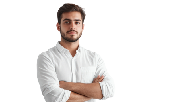 A confident young man poses with arms crossed, exuding professionalism and determination. Ideal for business or personal branding needs. - Powered by Adobe