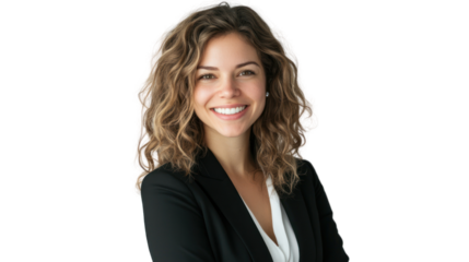 A confident young woman smiles brightly in a professional setting, showcasing positivity and ambition, perfect for corporate or motivational themes.