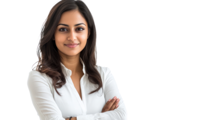 A confident young woman smiles while standing with her arms crossed. She embodies professionalism and poise in a modern setting.