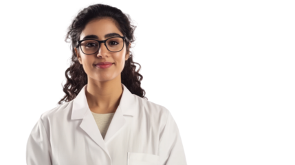 A confident young woman wearing a lab coat and glasses stands proudly, ready to contribute to scientific research and innovation in a laboratory environment.