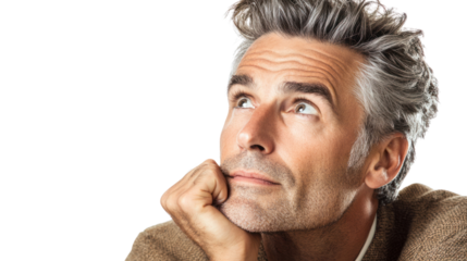 A contemplative man gazes upward, deep in thought. His expression reflects curiosity and introspection, capturing a moment of self-reflection.
