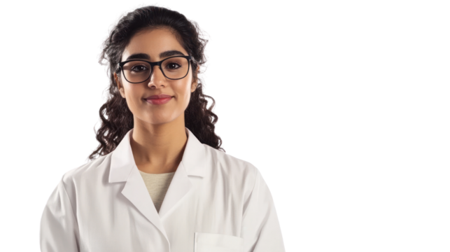A confident young woman wearing a lab coat and glasses stands proudly, ready to contribute to scientific research and innovation in a laboratory environment.
