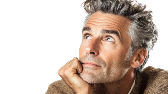 A contemplative man gazes upward, deep in thought. His expression reflects curiosity and introspection, capturing a moment of self-reflection.