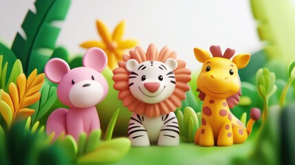 Naklejka premium Cute cartoon animals in a jungle setting. Three friendly, stylized animal figurines, a mouse, lion, and giraffe, positioned amidst lush greenery and flowers, creating a cheerful, playful scene.