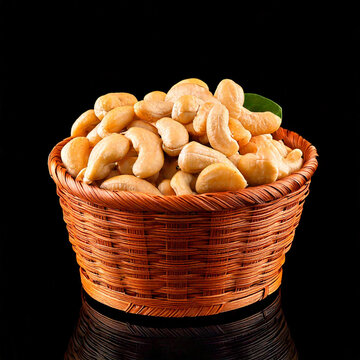 a basket of fresh cashew isolated on black background