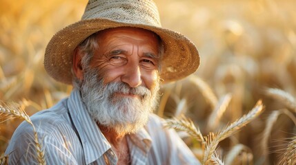 Fototapeta premium Happy Older Man Smiling in Wheat Field Under Warm Sunset Light with Straw Hat and Grey Beard
