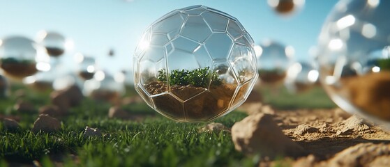 Glass soccer balls with plants, outdoors, sunny day. Category Sports