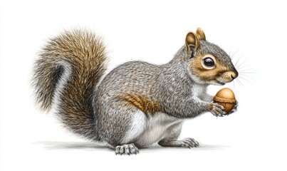 Obraz premium A detailed illustration of a squirrel holding an acorn, set against a plain white background