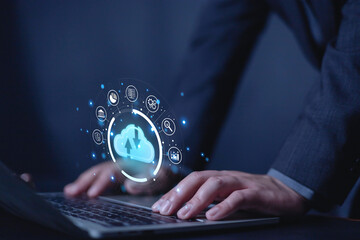 Backup database storage cloud compputing technology, Data storage and file data transfer sharing concept, Cloud computing icon showing on the virtual screen, big data