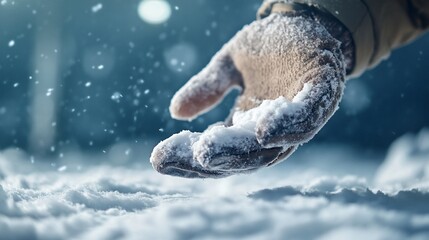 Fototapeta premium Gloved hand touches snow; winter night