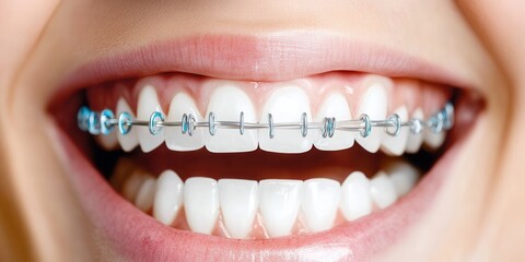 Obraz premium A close-up of straight white teeth with clear ceramic braces. Bright lighting highlights the precision of orthodontic work, perfect for dental marketing.