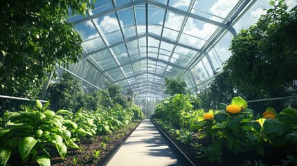 Obraz premium Serene Greenhouse Pathway: A Botanical Paradise