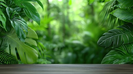 Obraz premium Lush Green Tropical Leaves with Wooden Surface for Nature Backgrounds