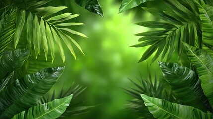 Fototapeta premium Lush Green Tropical Leaves Frame with Soft Blurry Background