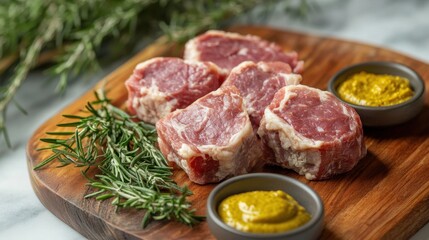A close-up of artisanal meats on a wooden board, surrounded by sprigs of rosemary and small bowls of mustard