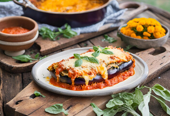 classic eggplant parmigiana with golden cheese
