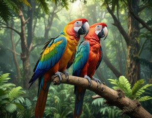 A brightly colored macaw perched on a branch of a towering tree amidst the rainforest foliage, feathered companion, nature reserve, forest scenery