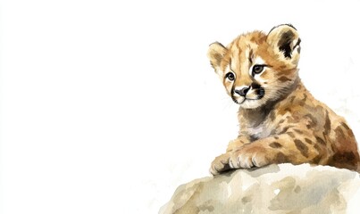 Obraz premium A playful baby leopard cub resting on a rock, surrounded by a serene natural environment