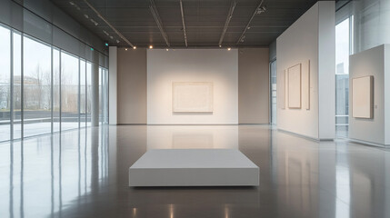 Interior of Modern Art Gallery with Minimalist Paintings