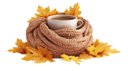 A cozy scene featuring a steaming cup of coffee nestled in a soft knit scarf, surrounded by vibrant autumn leaves, evoking warmth and comfort.