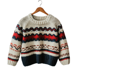 A cozy, knitted sweater showcasing a colorful, traditional pattern. Perfect for chilly days and winter fashion enthusiasts seeking warmth and style.
