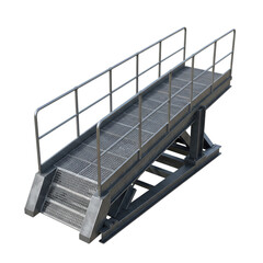 Elevated Metal Walkway Structure with Safety Railings on Black Backdrop