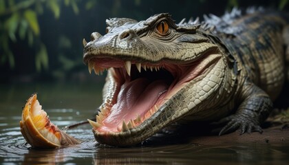 Obraz premium A caiman's sharp teeth are visible in its open jaws as it prepares to eat its freshly caught fish, predator, wildlife