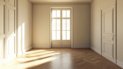 Sunlit Empty Room with Hardwood Herringbone Floor, Ideal for Home Staging 