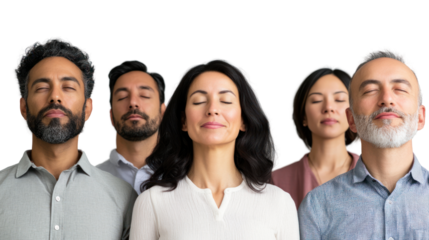 A diverse group of individuals practicing mindfulness, eyes closed, and serene expressions. They embody tranquility and inner peace, promoting well-being.