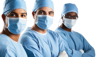 A diverse group of healthcare professionals in surgical attire, demonstrating teamwork and commitment in a medical setting.