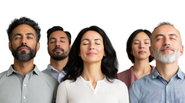 A diverse group of individuals practicing mindfulness, eyes closed, and serene expressions. They embody tranquility and inner peace, promoting well-being.