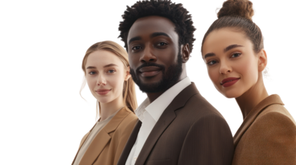 A diverse group of three professionals standing together, exuding confidence and teamwork. Each individual showcases unique styles in a corporate setting.
