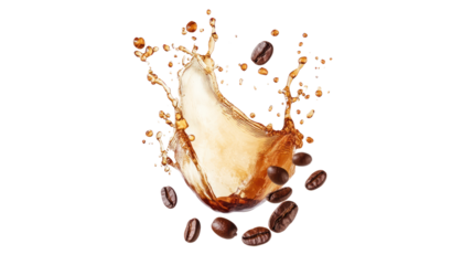 A dynamic coffee splash captures the essence of energy and flavor, with scattered coffee beans enhancing the vibrant scene of refreshment and warmth.